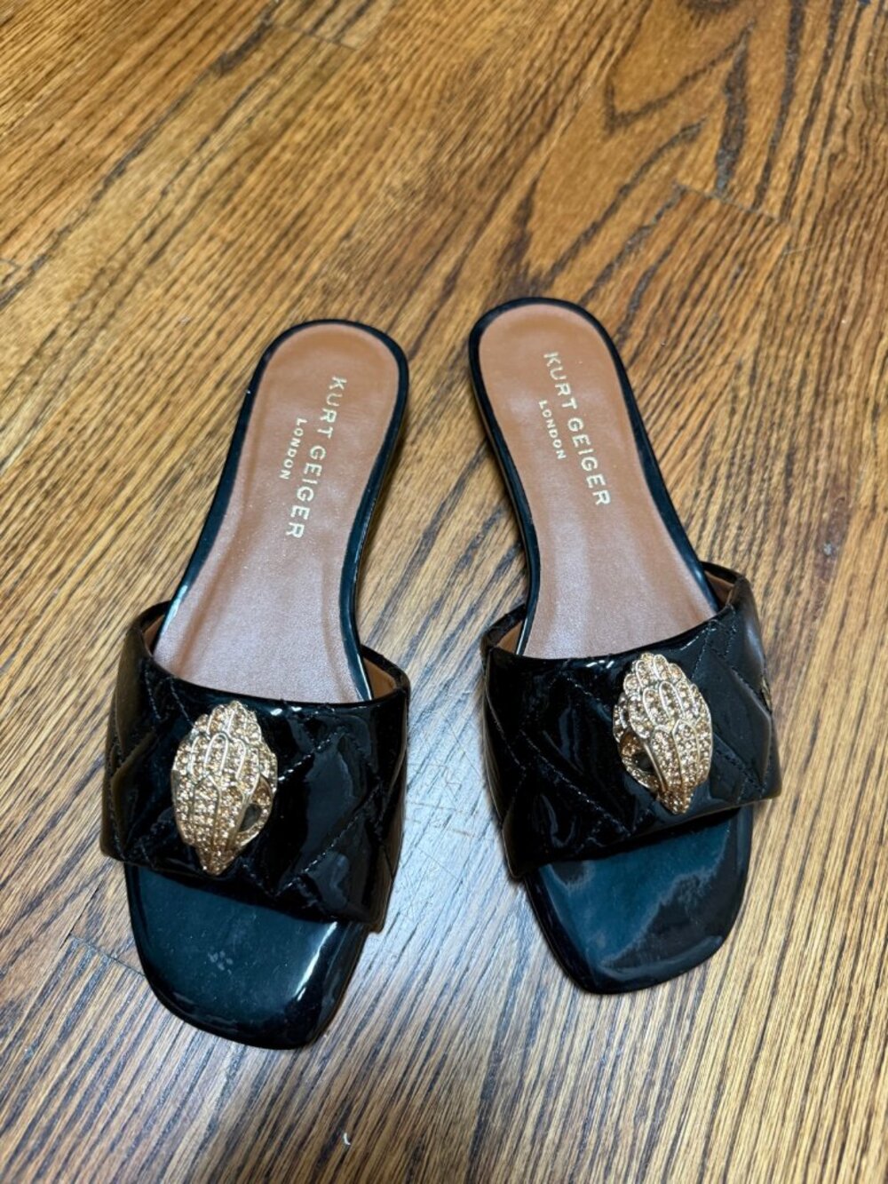 Kurt Geiger London Kensington Black Quilted Slide Sandals Crystal Eagle Head Siz